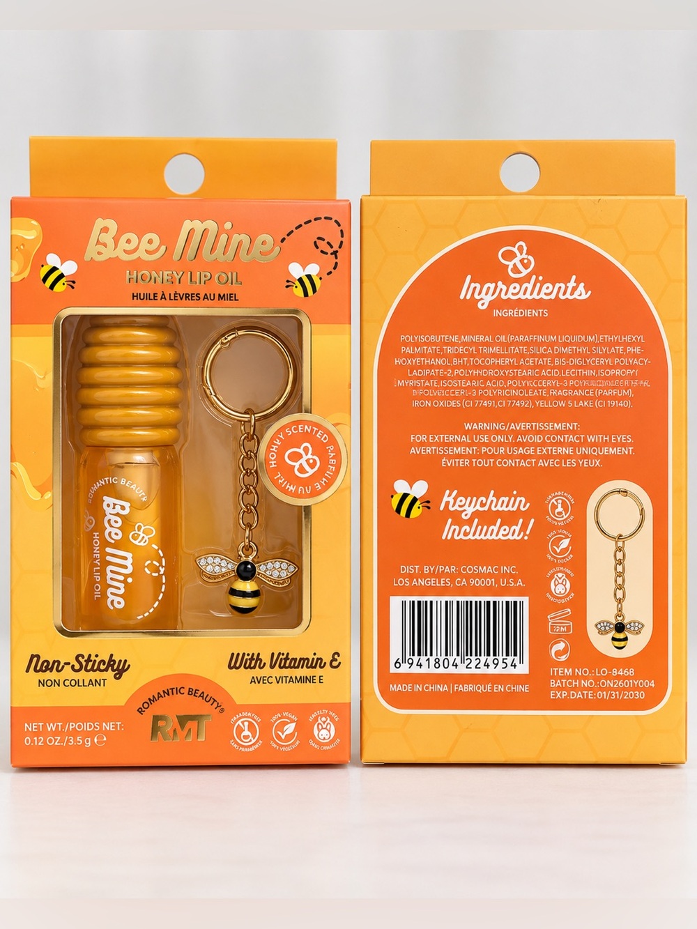 Romantic Beauty Bee Mine Honey Lip Oil + Rhinestone Bee Keychain Set NIB